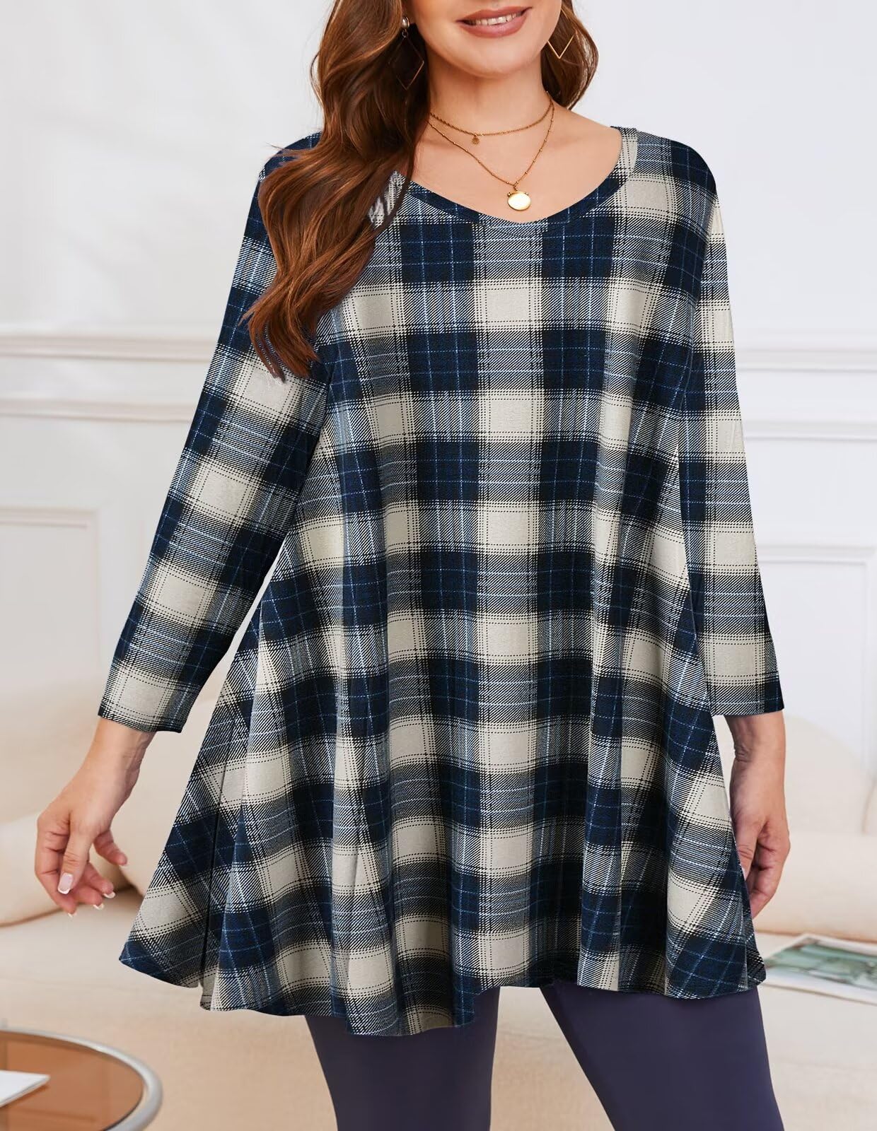 LARACE Plus Size Tops for Womens Plaid Shirts 3/4 Sleeve V Neck Tunics Loose Fit Clothing Flowy Casual Blouses(6-Khaki 2X)