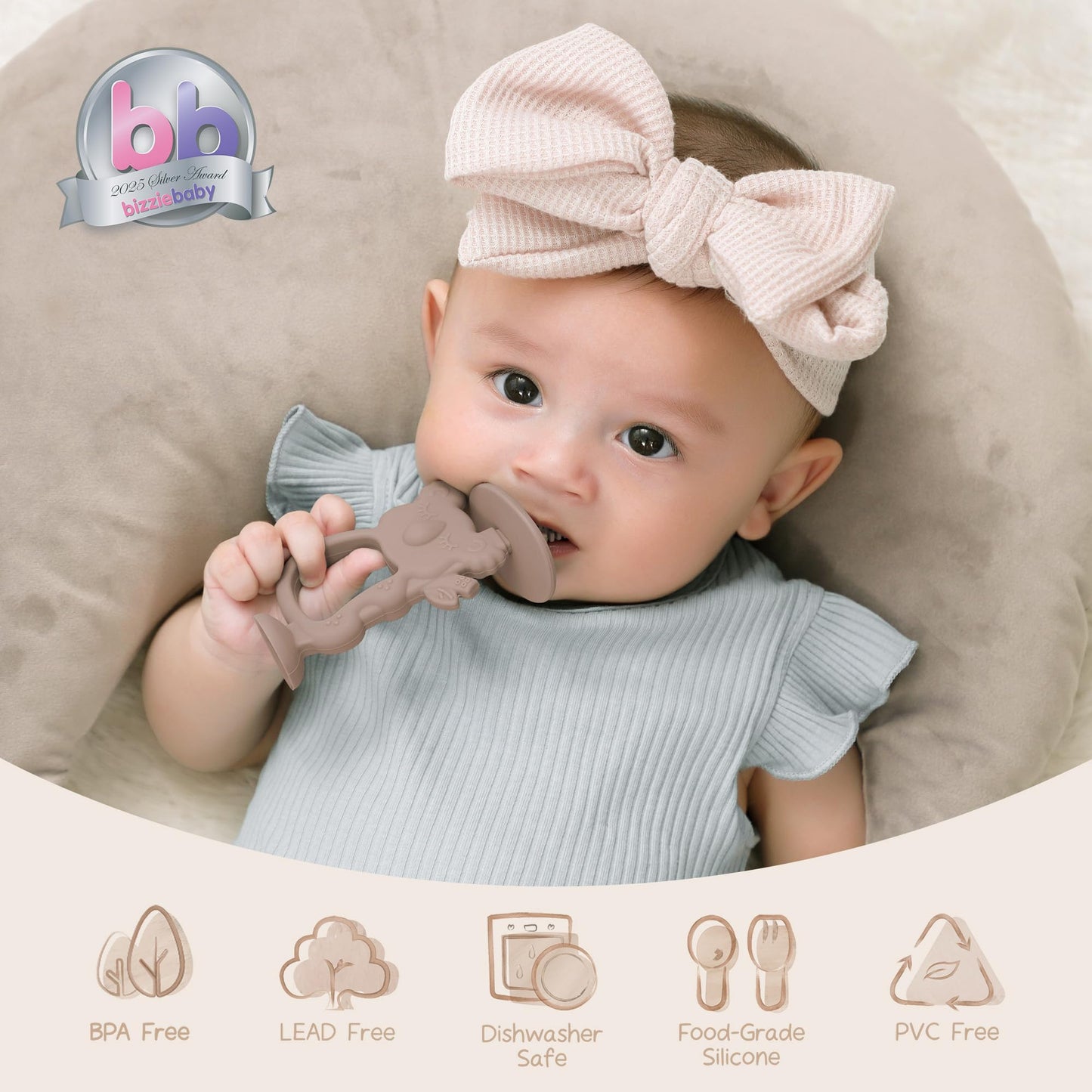 Moonkie Teething Toy, Safe & Easy to Hold BPA Free Silicone Teethers, 360° Baby Toothbrush with Suction Base, Teether Toys Best for Babies 6-12 Months (Koala Warm Taupe)