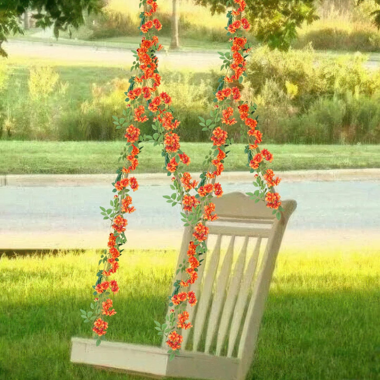 GhuaH 2 Pcs Artificial Flowers Garland for Outdoors Orange Faux Gardenia Garland 12Ft Silk Rose Hanging Vines Floral for Wedding Arch Party Wall Garden Ceremony Backdrop Fence Spring Decor