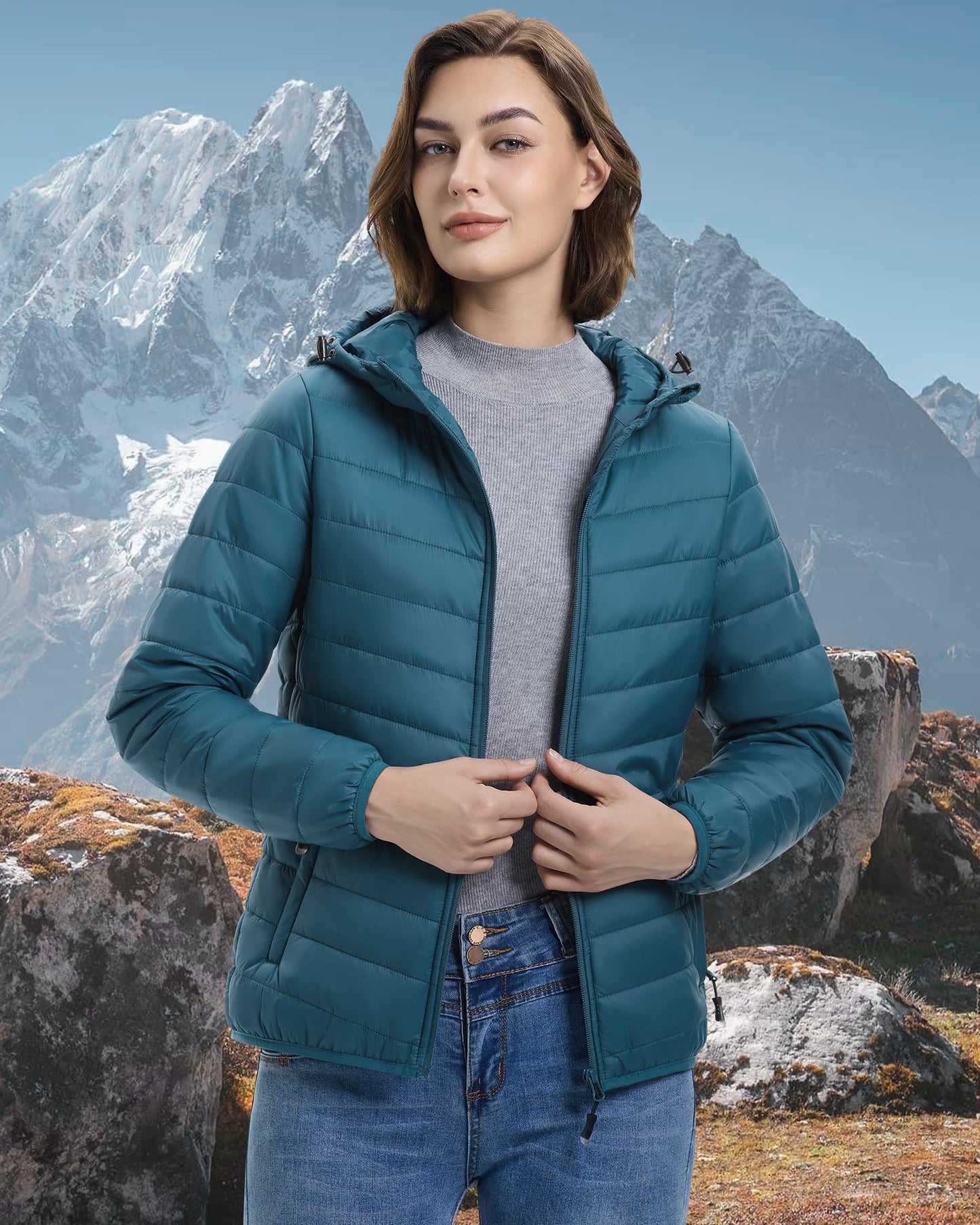33,000ft Women's Hooded Packable Puffer Jacket Lightweight Warm Puffy Quilted Winter Coat