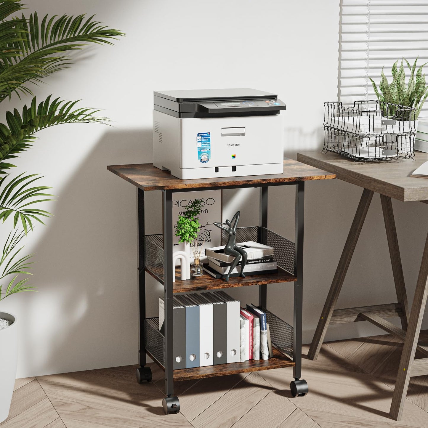 BOHDK Printer Stand, 3-Tier Industrial Large Printer Table with Shelf, 23"x15" Mobile Heavy Duty Storage Rack on Wheels for Home Office Printer Fax Machine Scanner Copier