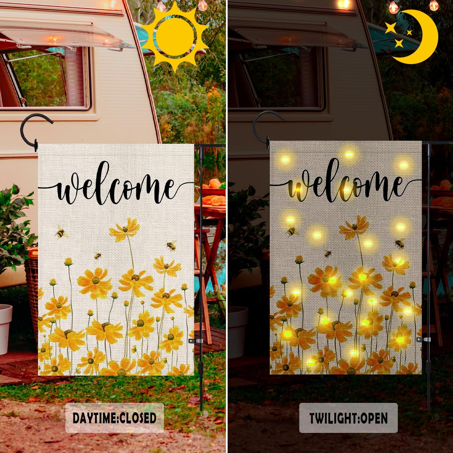 Lighted Spring Summer Floral Welcome Garden Flag, 12 x 18 Inch Double Sided Vertical Burlap Sunflower Bee Led Garden Flag for Seasonal Holiday Outdoor Yard Decoration