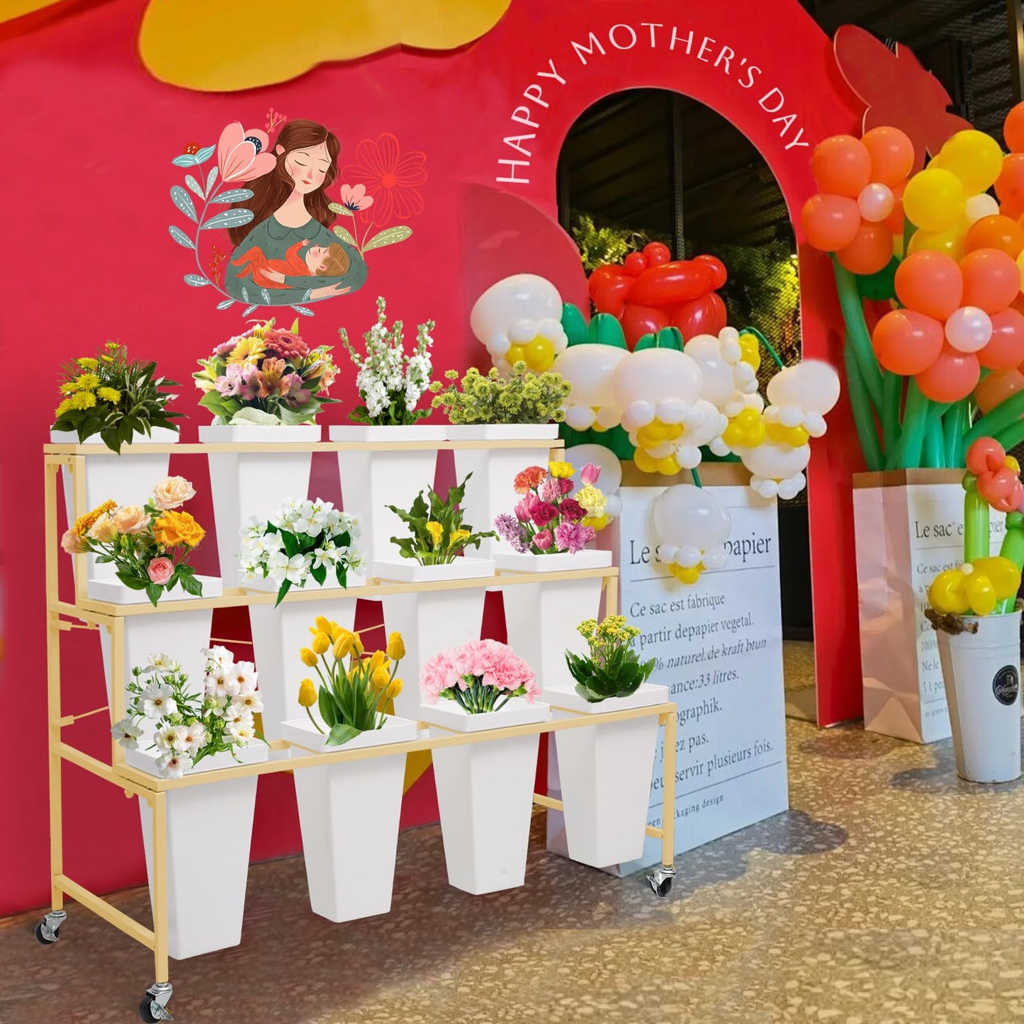 Flower Display Stands with Buckets, 3-Tier Rolling Plant Stand with Locking Wheels - Heavy Duty Metal Flower Cart for Indoor/Outdoor Use, Wedding Decor & Florist Displays (Holds 12 Pots) (Gold)