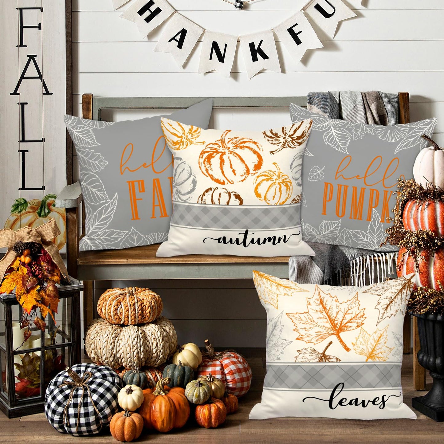 Ywlake 18x18 Fall Pillow Covers Set of 4, Hello Pumpkin Decorative Holiday 18 x 18 Autumn Cushion Covers Thanksgiving Pillow Case for Indoor Home Bedroom Couch Sofa Decor Grey
