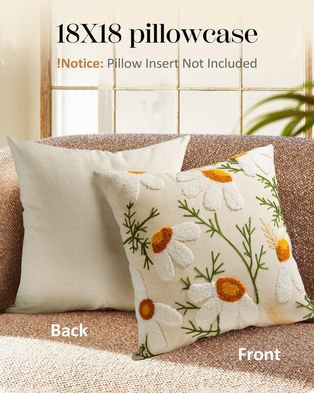 Kokaaee Embroidered Throw Pillow Cover - 18x18 Decorative Pillow Covers with Zipper for Couch Sofa Bedroom Aesthetic White Daisy Soft Cozy Cotton Pillowcase Covers with Patterned