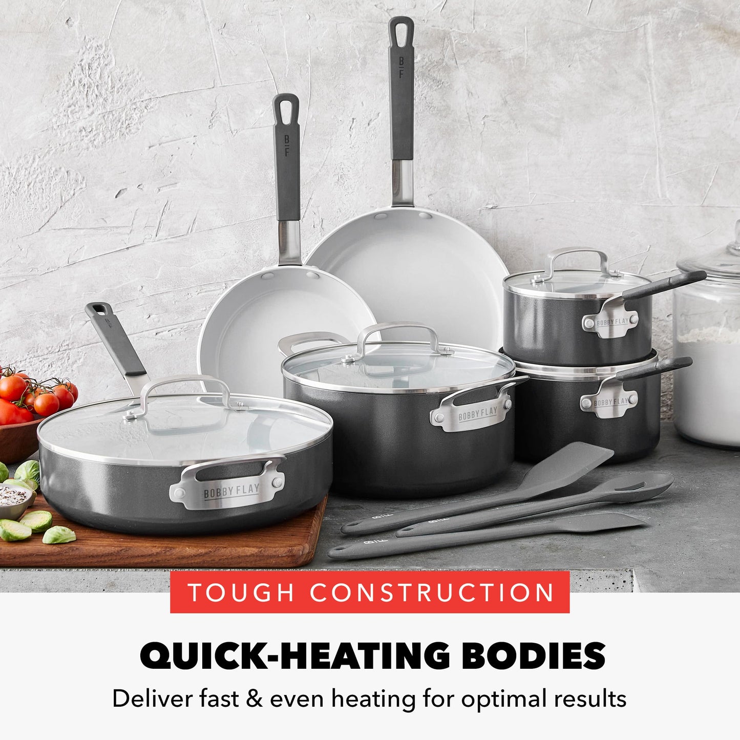 GreenPan x Bobby Flay 13 Piece Nonstick Cookware Pots and Pans Set, PFAS-Free Diamond Ceramic, Induction Suitable, Easy Clean Dishwasher & Oven Safe, Stay-Cool Silicone Handles, Glass Lids, Graphite