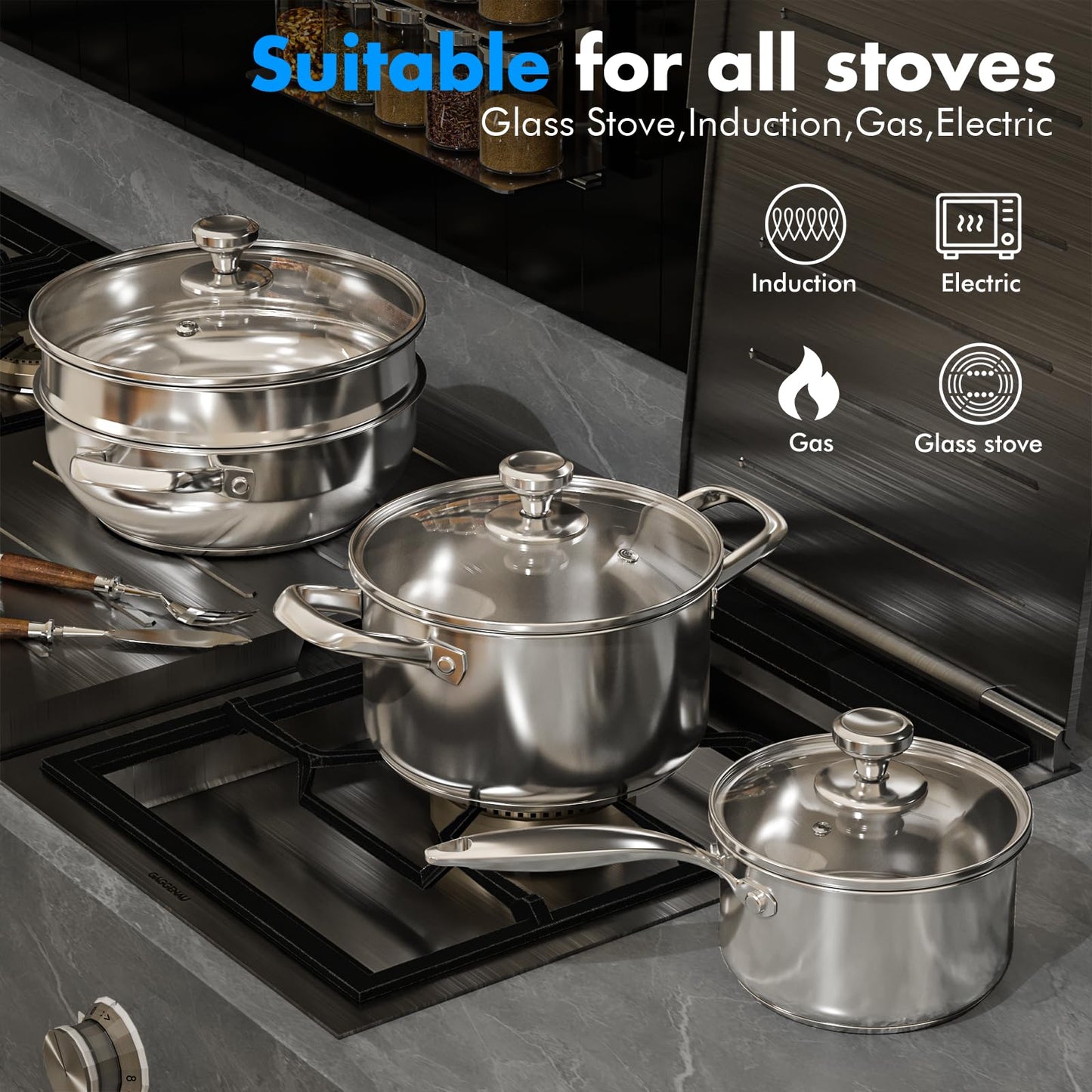 Pots and Pans Set,12-Piece Stainless Steel Cookware Set, Induction Ready Kitchen Cooking Set, Includes Saucepans, Stockpot, Steamer & Strainer Basket, Glass Lids, Dishwasher & Oven Safe