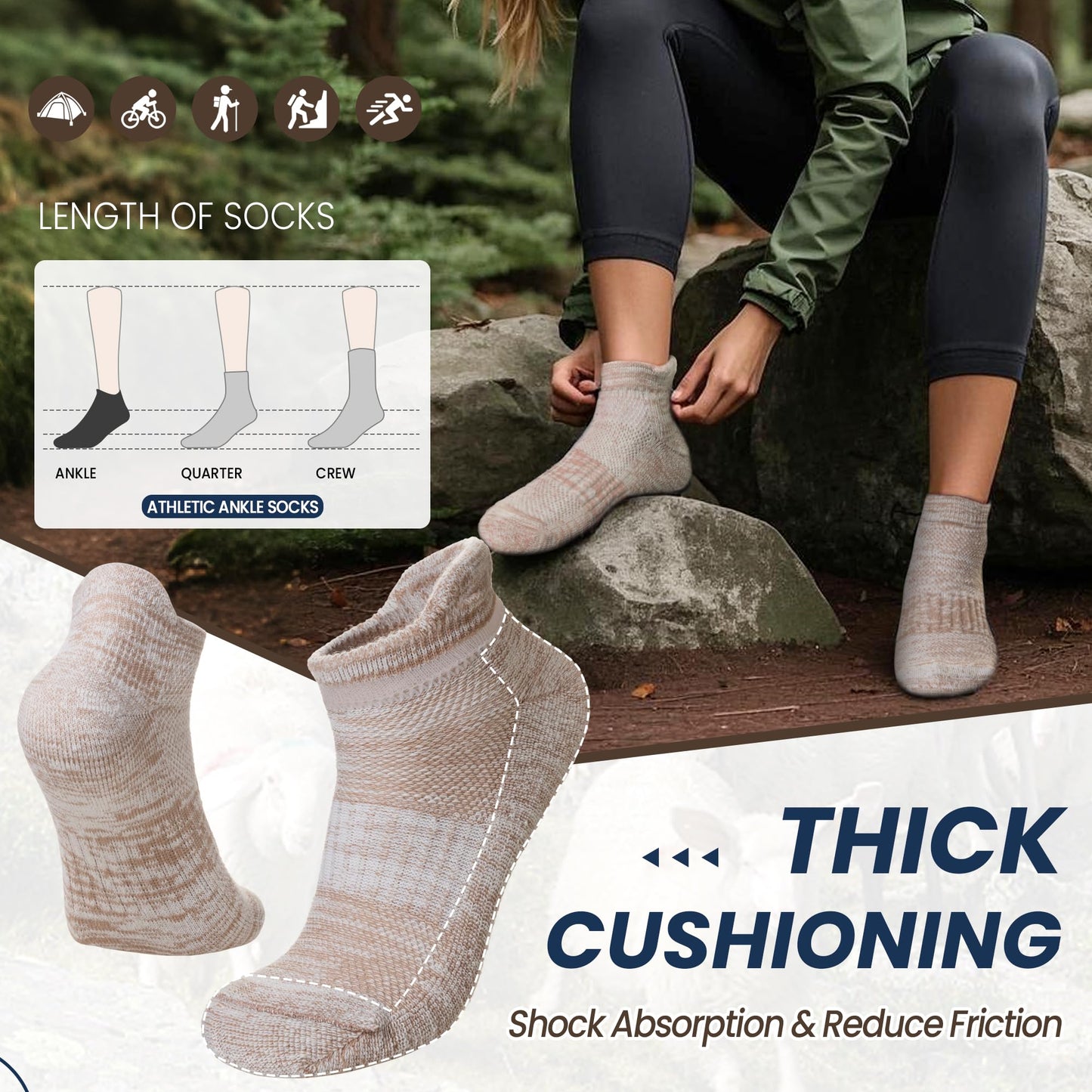 AMENLAN Merino Wool Ankle Socks Running Half Cushioned Men Women Hiking Thick No Show Socks 6 Pairs (Black/Grey/Brown,Medium)