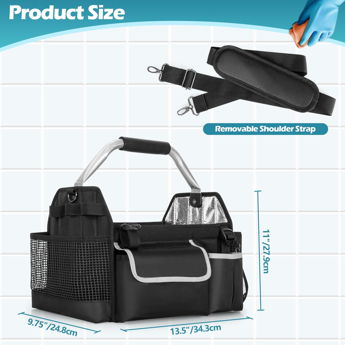 HODRANT Wearable Cleaning Caddy Organizer, Cleaning Supplies Bag with Divider & Support Pad, Cleaner Tote with Handle & Detachable Shoulder Strap, Housekeeping Storage Box with Multi Pockets, Bag Only