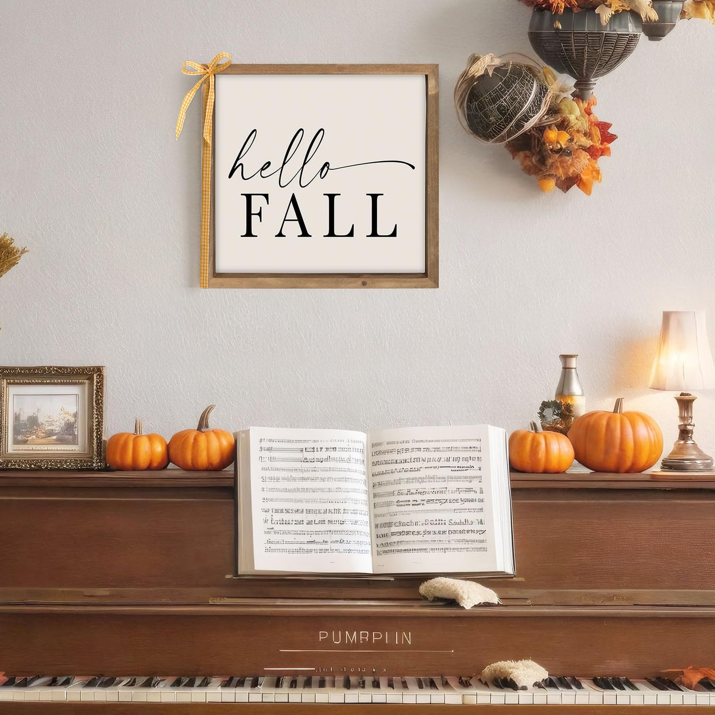 pechpell Wooden Hello Fall Sign, 11.8 Inch Autumn Decorative Signage Plaques Decor, Indoor Wall Art Framed Table Shelf Desk Rustic Farmhouse Decorations for Home Office