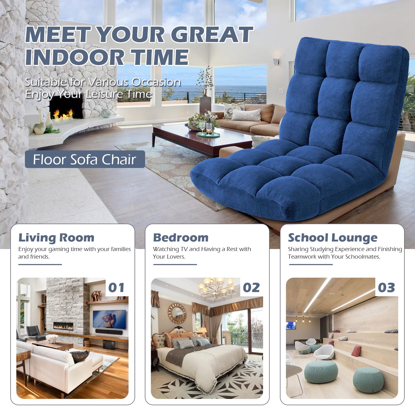 Avocahom Folding Floor Gaming Chair 14-Poistion Cushioned Adjustable Floor Lazy Sofa Chair w/Breathable Cotton & Skin-Friendly Velvet for Adults & Kids Perfect for Reading Gaming Meditating, Darkblue