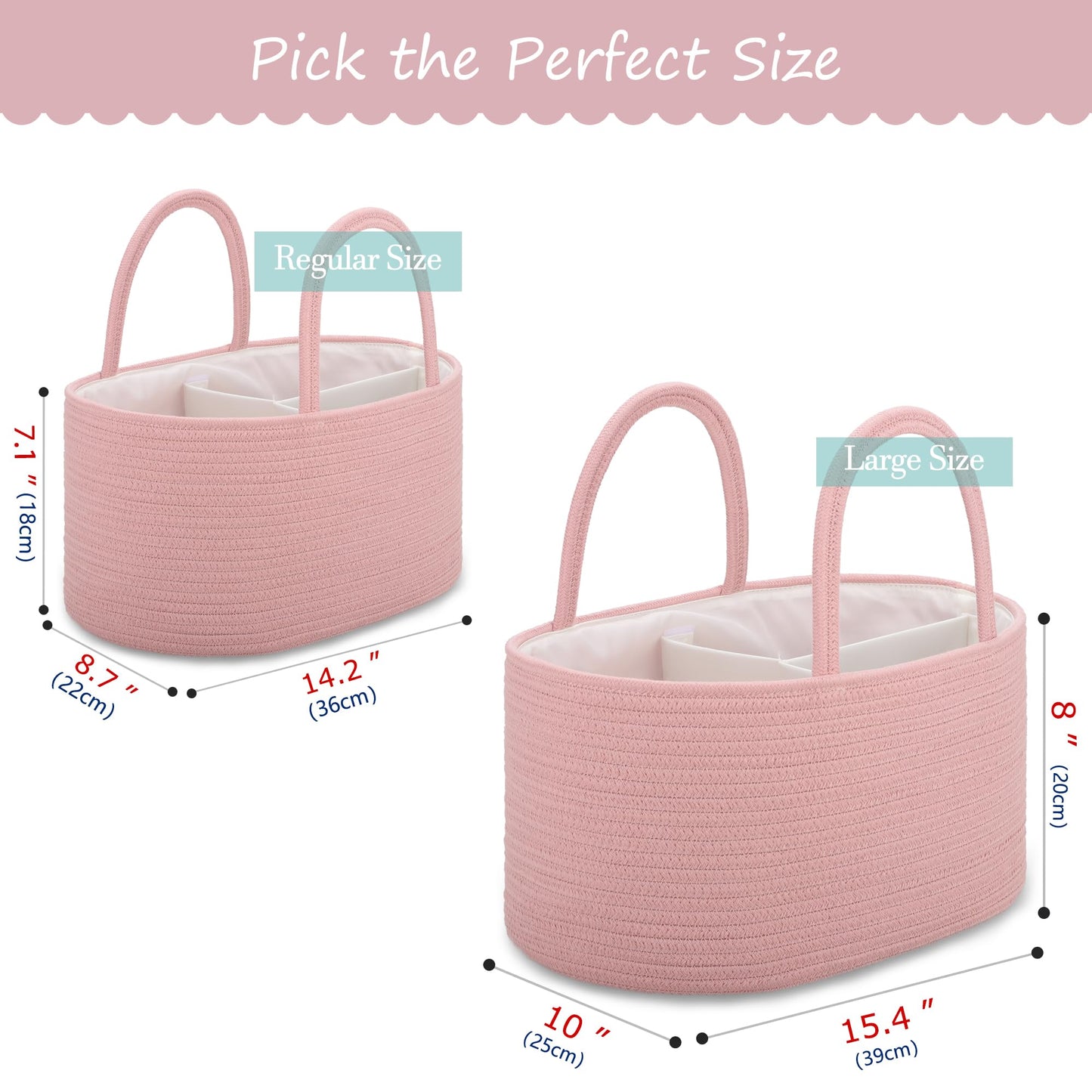 COMSE Large Baby Diaper Caddy Organizer for Girl Boy, Car Caddy with Handles, Cotton Rope Basket for Changing Table, Nursery Organizer, Gift for Baby Shower and Registry Must Have, Dusty Pink
