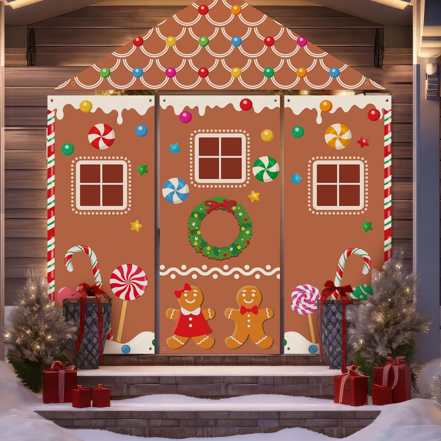 Vitalcozy 4 Pcs Summer Christmas Gingerbread Door Decorations Xmas Gingerbread House Candy Door Covers Backdrop Christmas Hanging Banner Porch Sign for Holiday Classroom Office Home Party Decor