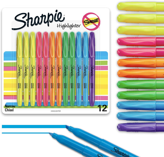 Sharpie Pocket Style Highlighters, Chisel Tip, Assorted Fluorescent, 12 Count - Quick Dry, Perfect For Studying, Note-Taking, School, College, Office, Student & Teacher Supplies