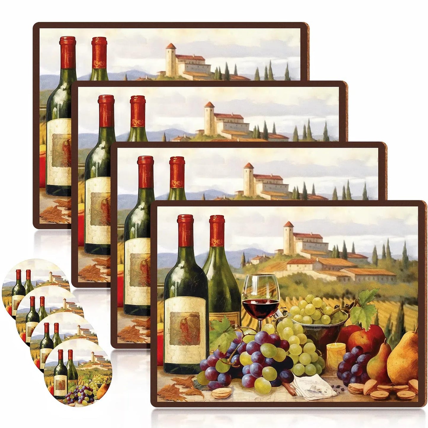 Tiangrid 8 Sets Cork Placemats with Coasters Include Wine Cork Backing Table Mats and Round Coasters Placemats Set for Kitchen Dinner Table Setting Supplies, 12 x 16 Inch (Wine)