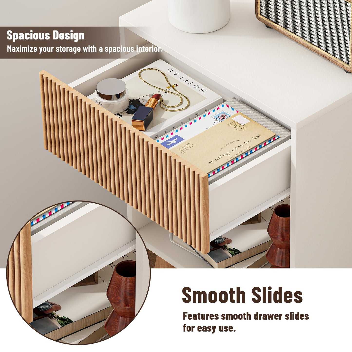 Fluted Nightstand, Modern Bedside Table with Storage Drawers and Open Wood Shelf, Night Stand with Solid Wood Legs, End Tables Side Tables for Living Room, Bedroom