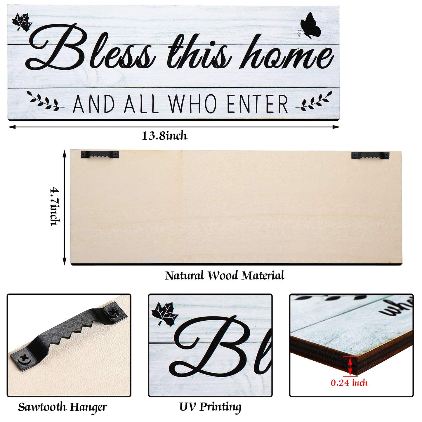 Jetec Wooden Family Signs Rustic Bless This Home Wood Family Decor Wall Art Farmhouse Entryway Decoration for Bedroom Living Room Office, 13.8 x 4.7 Inch (White)