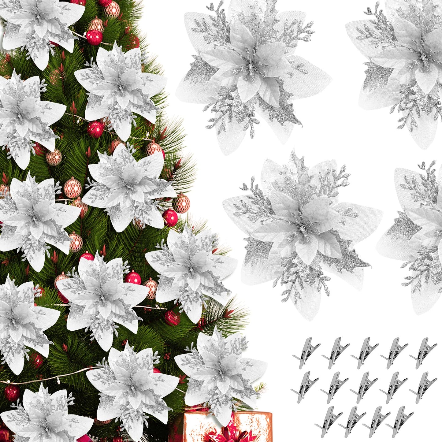14PCS Christmas Tree Decorations Poinsettias Artificial Flowers-5.5“ Glitter Poinsettia Artificial Flowers with 14pcs Clips Glitter Poinsettia Christmas Ornaments for Xmas Party Ornaments and Decor