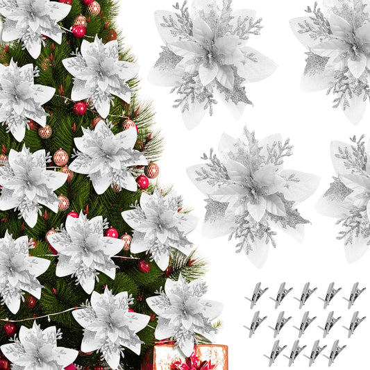 14PCS Christmas Tree Decorations Poinsettias Artificial Flowers-5.5“ Glitter Poinsettia Artificial Flowers with 14pcs Clips Glitter Poinsettia Christmas Ornaments for Xmas Party Ornaments and Decor