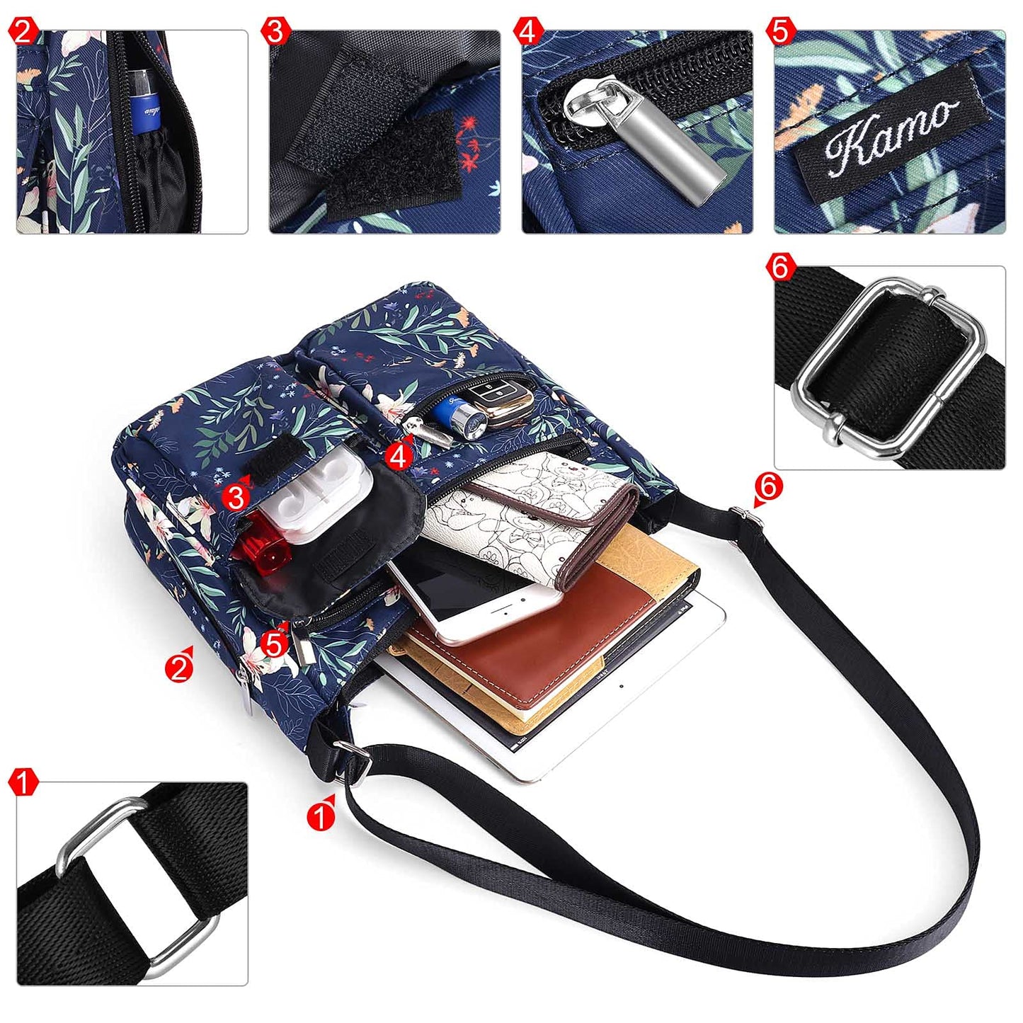 Kamo Crossbody Bag for Women - Multi-pocket Shoulder Bag Lightweight Messenger Bag Casual printed Purse Handbag Travel Bag