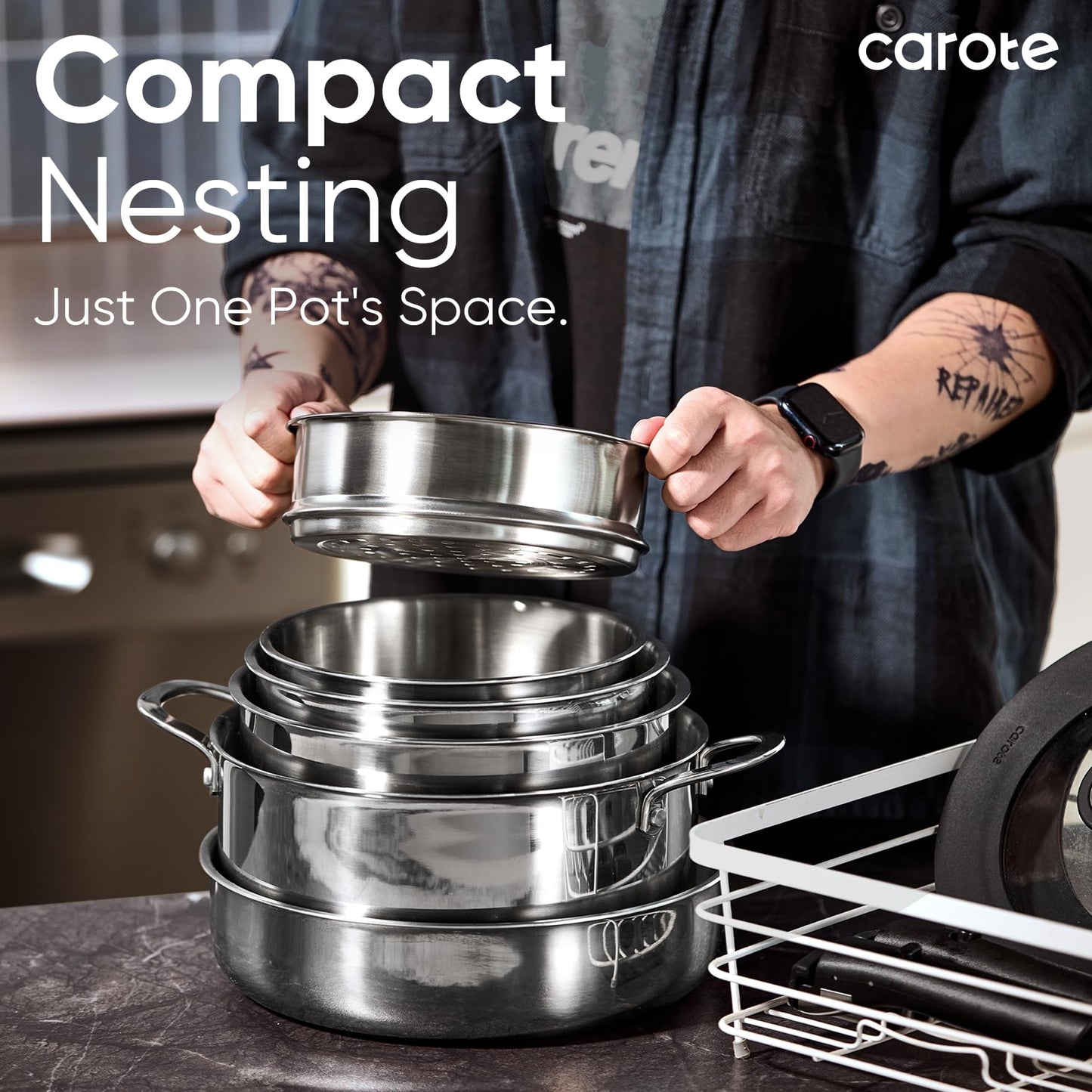 CAROTE 14pcs Pots and Pans Set, Stainless Steel Cookware Set Detachable Handle, Induction Kitchen Cookware Sets with Removable Handle, RV Cookware Set, Oven Safe, Camping Cookware, Black