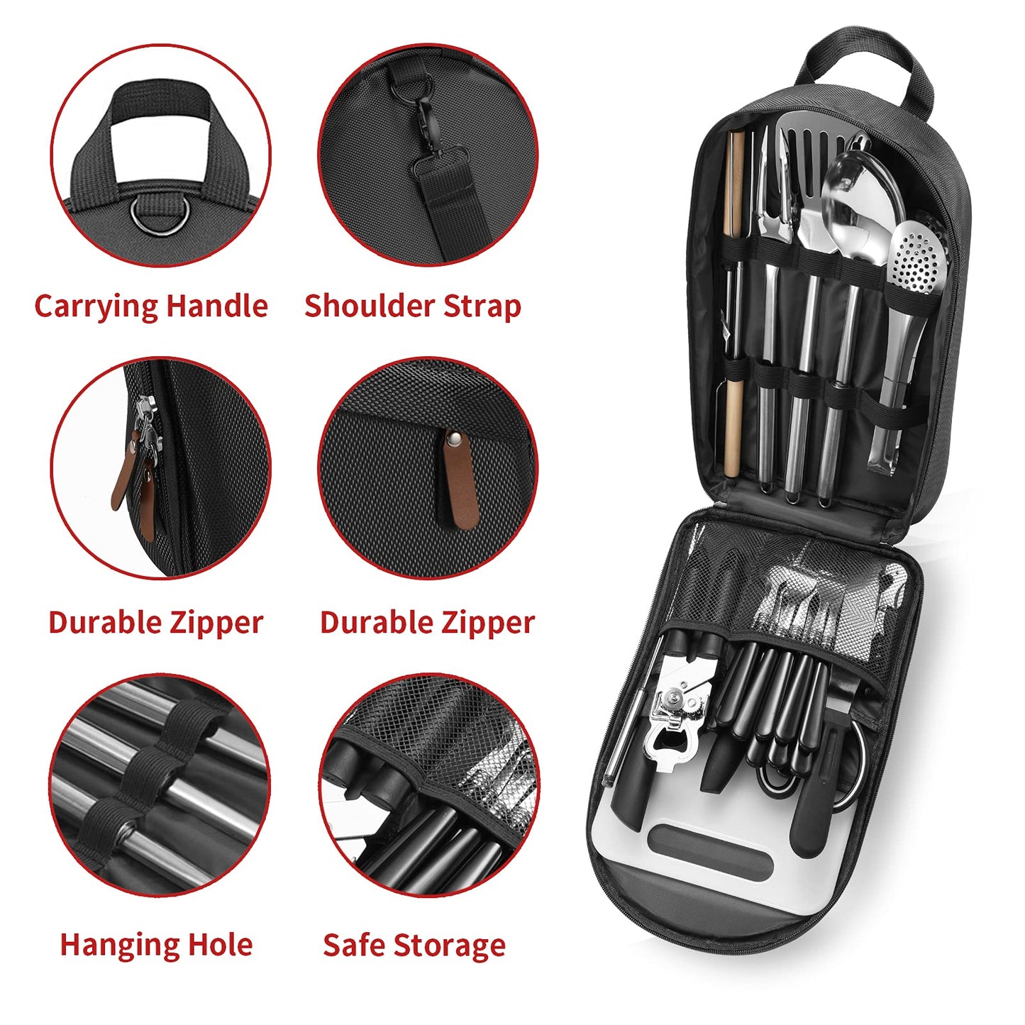 Portable Camping Kitchen Utensil Set-27 Piece Cookware Kit, Stainless Steel Outdoor Cooking and Grilling Utensil Organizer Travel Set Perfect for Travel, Picnics, RVs, Camping, BBQs, Parties and More