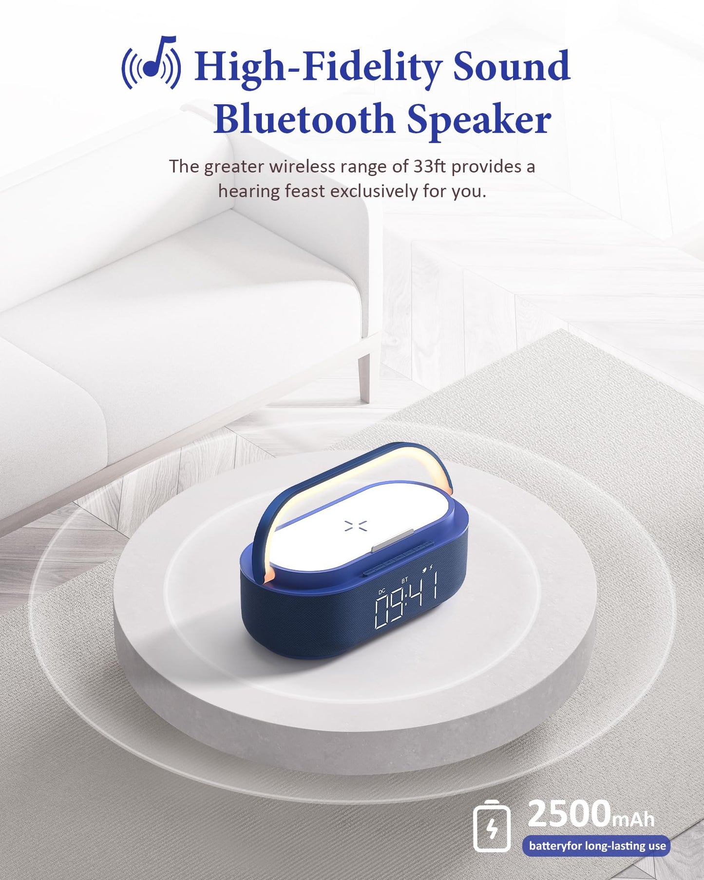 COLSUR 6-in-1 Bluetooth Speaker Alarm Clock with 15W Wireless Charger, FM Radio, Adjustable LED Night Light, 2500mAh Battery, Snooze Function – for Bedroom, Home, Office