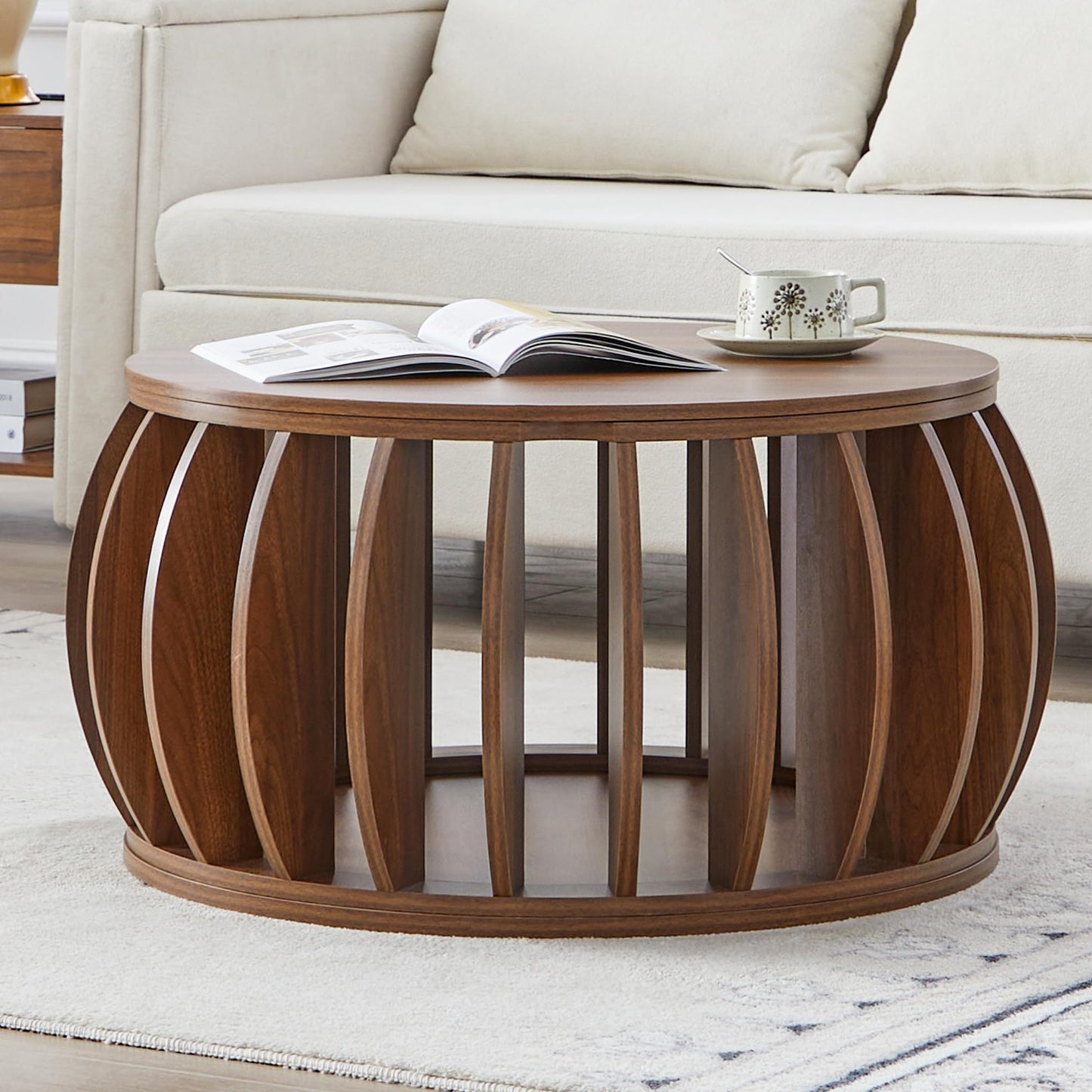 Bifins Drum Coffee Table with Storage,31.5” Wood Round Coffee Table,Farmhouse Pumpkin-Shaped Center Table for Living Room Home Office (Walnut)