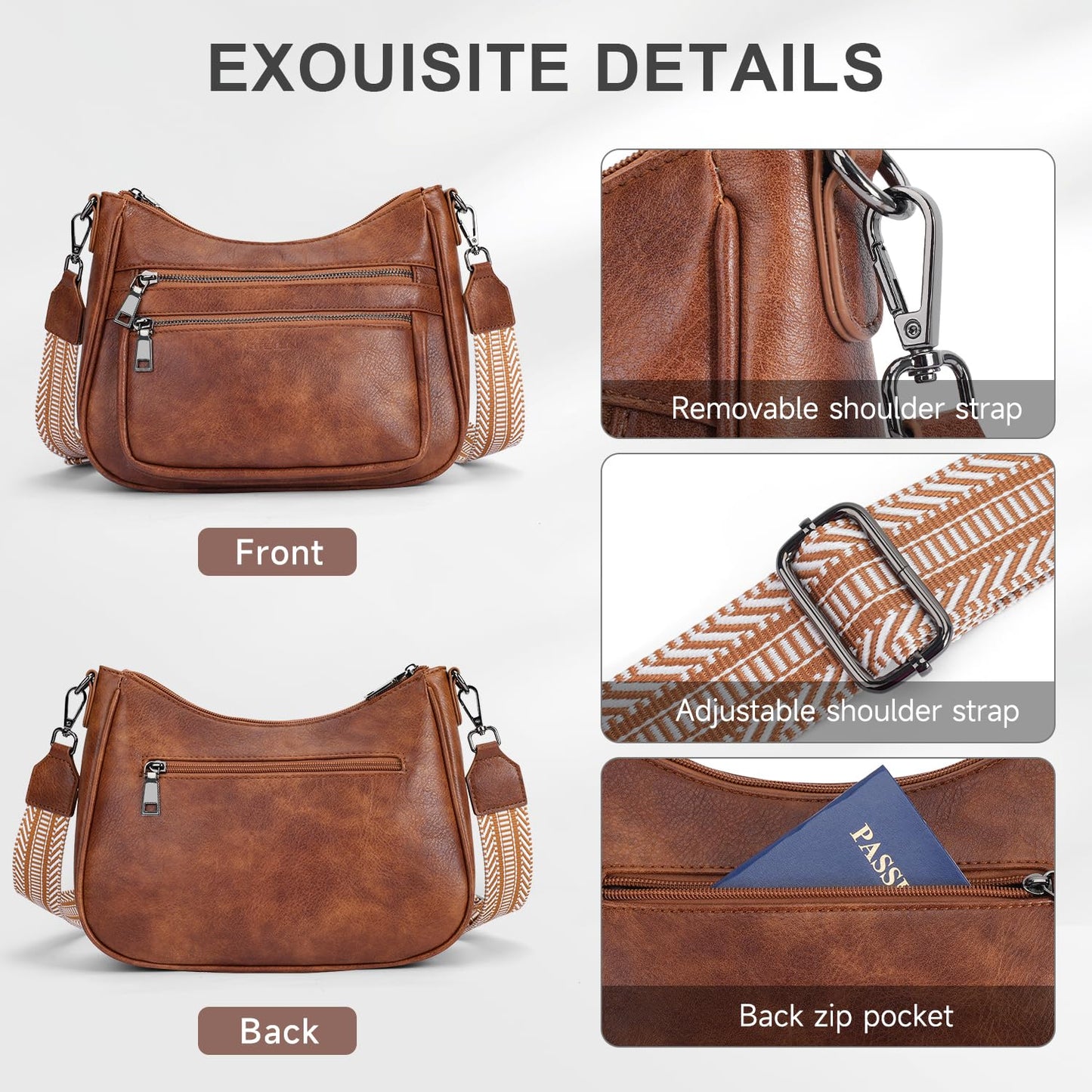 KITEVIUN Crossbody Bags for Women Leather Purse Trendy Multi Pocket Shoulder Handbags with Adjustable Guitar Strap