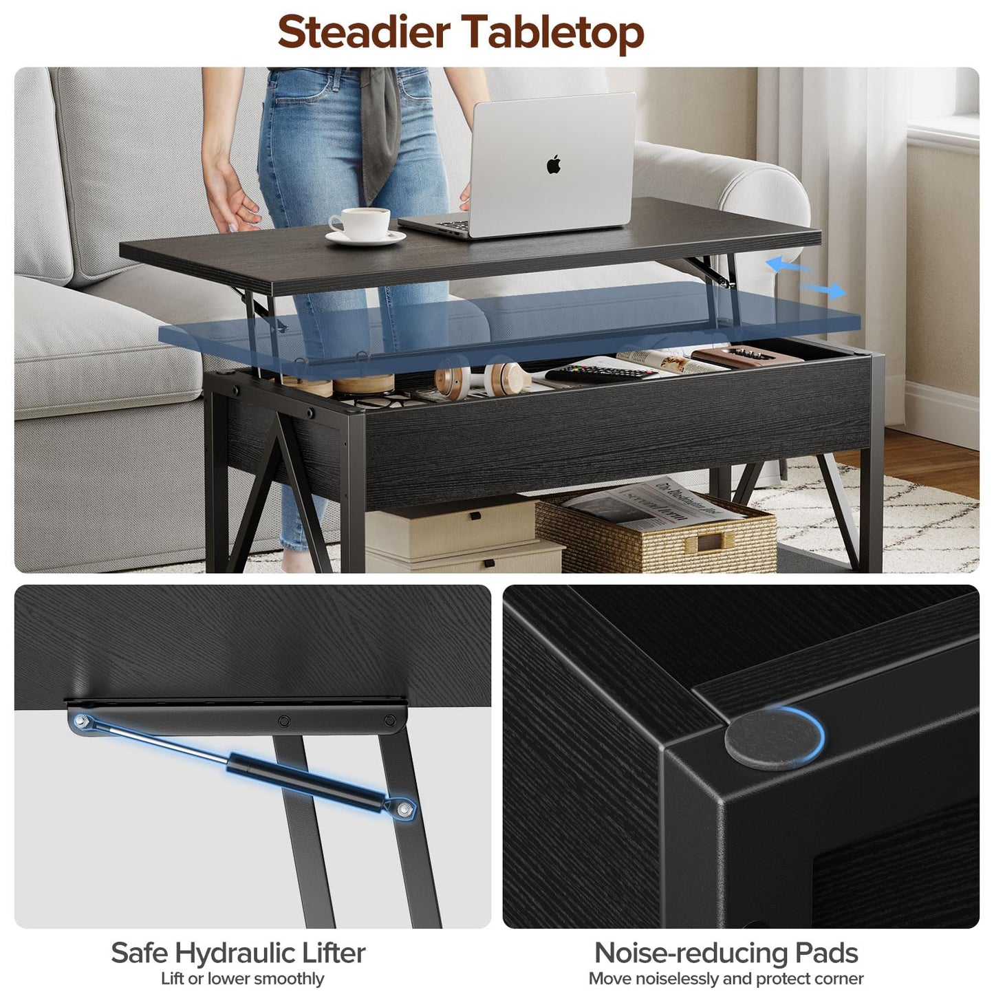 Memobarco Lift Top Coffee Table with Storage Shelf and Hidden Compartment for Small Spaces, Black