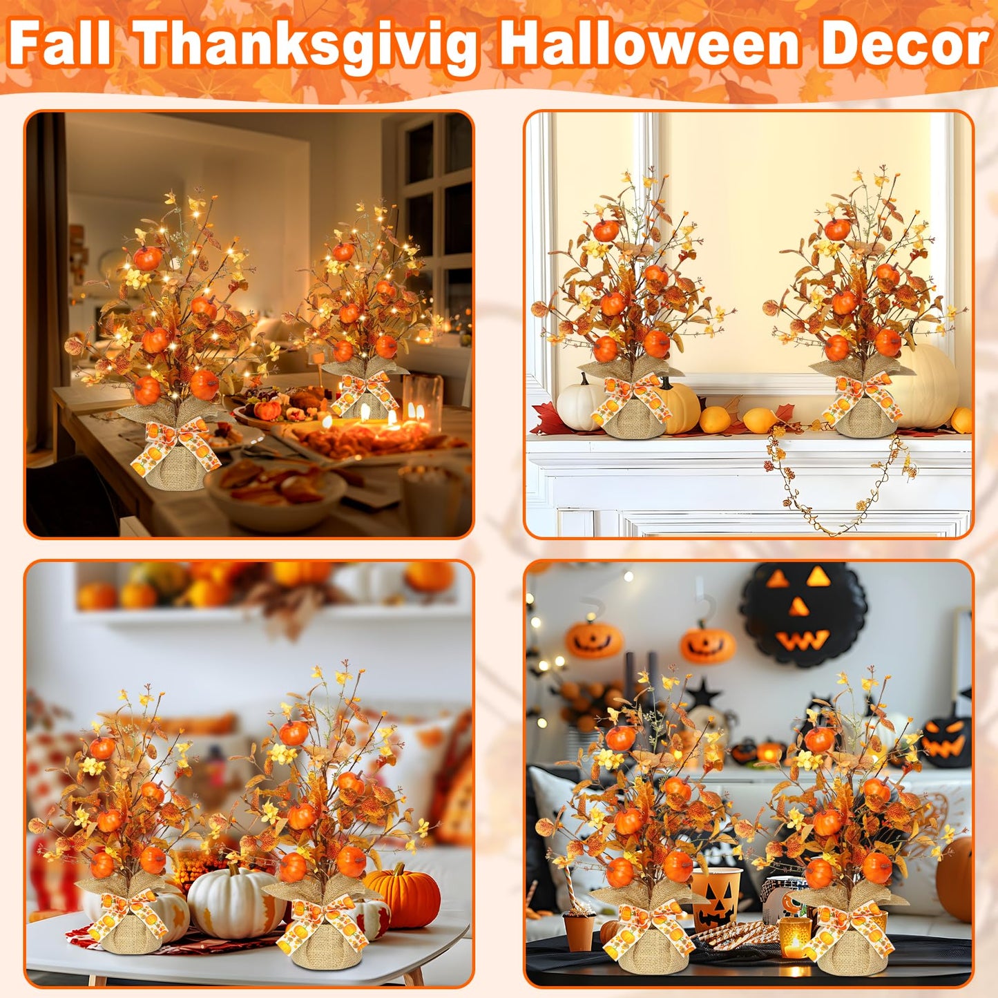 2 Pack & Timer - TURNMEON Lighted Fall Tree Tabletop Fall Decor with 30 LED Battery Operated Artificial Eucalyptus Tree Pumpkins Floral Berries Burlap Base Fall Thanksgiving Decorations Home Indoor