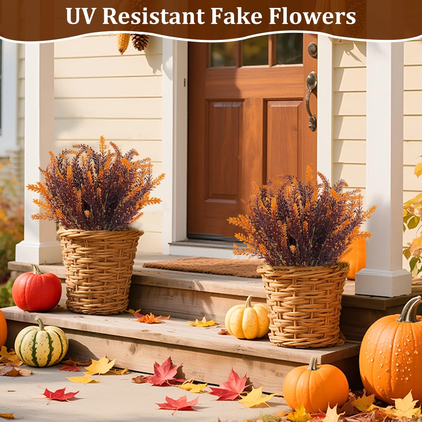 TURNMEON 10 Bundles Artificial Fall Flowers for Outdoors Fall Decorations, UV Resistant Artificial Lavender Plastic Flowers Faux Fall Plants Fake Mums Autumn Thanksgiving Decor Porch Home Gardens