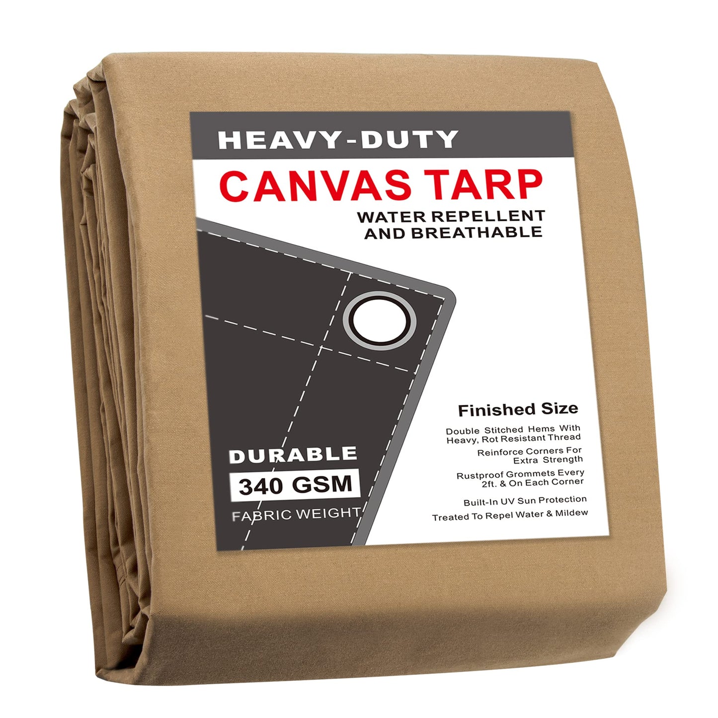 CARTMAN Finished Size 7x9 Feet Tan Canvas Tarp with Rustproof Grommets, 12 Oz Heavy Duty Multipurpose Tarpaulin Cover for Canopy Tent, Roof, Camping, Woodpile