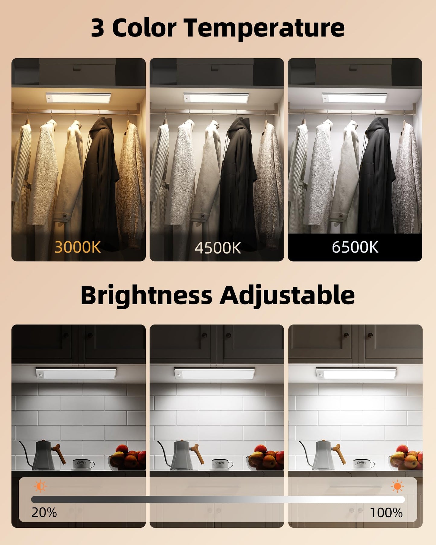 EZVALO Under Cabinet Lights, 150LM Ultra Bright Motion Sensor Lights, 3000mAh Rechargeable Magnetic Under Counter Lights for Kitchen, 3 Inch Wide Panel Dimmable Closet Light 2Packs
