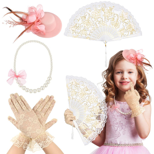 Sintege 4 Pcs Girls Tea Party Set Girls Tea Party Accessories Gloves Hats Necklace Fans for Toddler