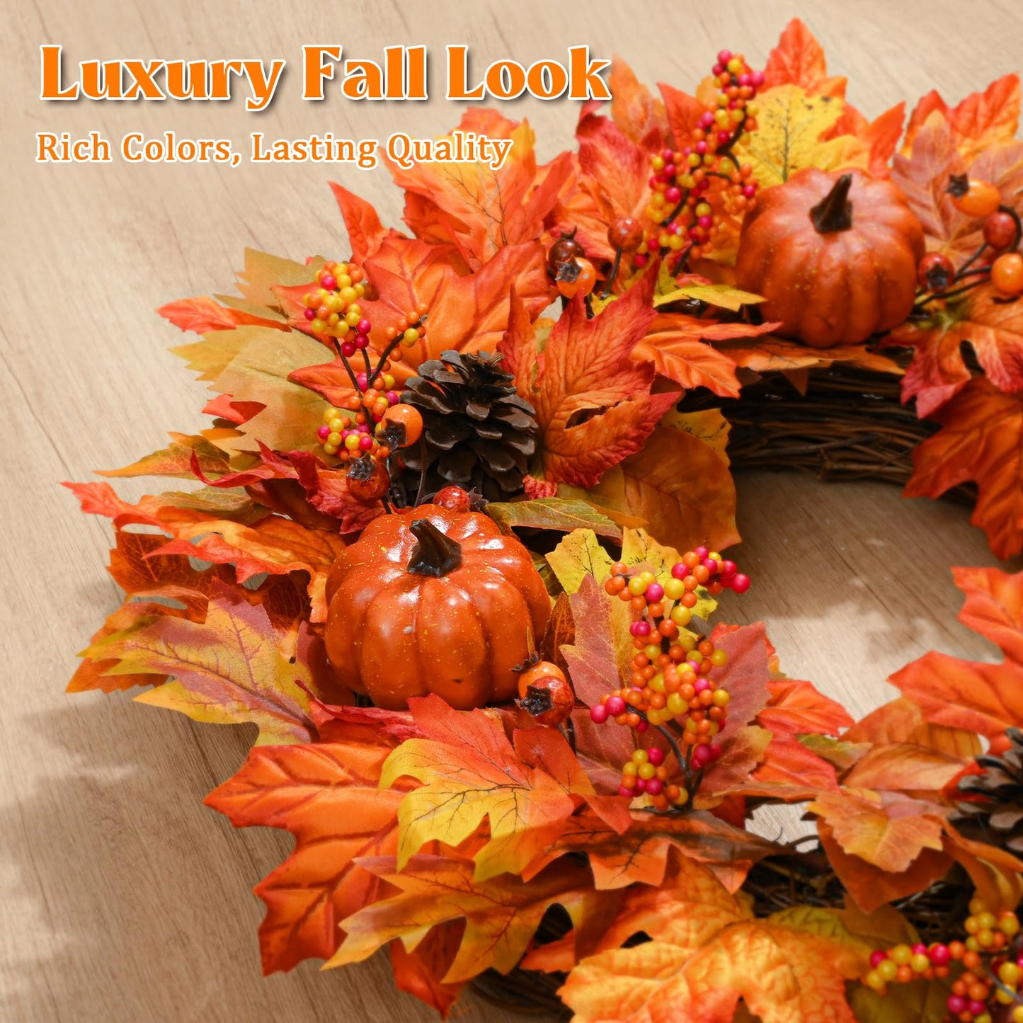 Fall Decor - Fall Wreaths for Front Door, 20 Inch Autumn Wreath with Pumpkins Maple Leaves for Harvest Home Outdoor Thanksgiving Decor