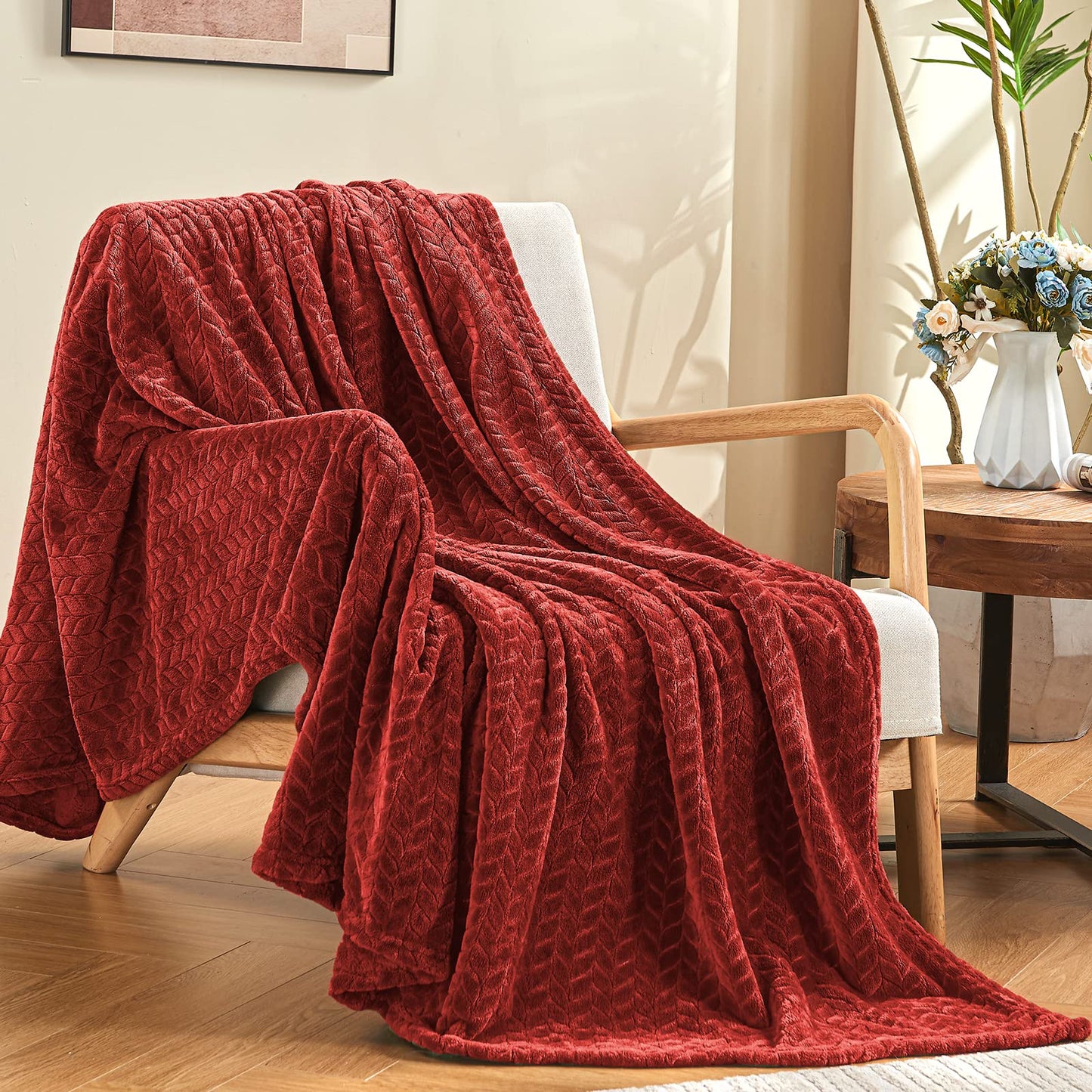 inhand Red Fleece Twin Blanket, Super Soft Flannel Cozy Blankets for Adults, Lightweight Leaves Pattern Fuzzy Blanket for Couch Sofa Bed Office, Warm Plush Blankets for All Season, 60x90 Inches