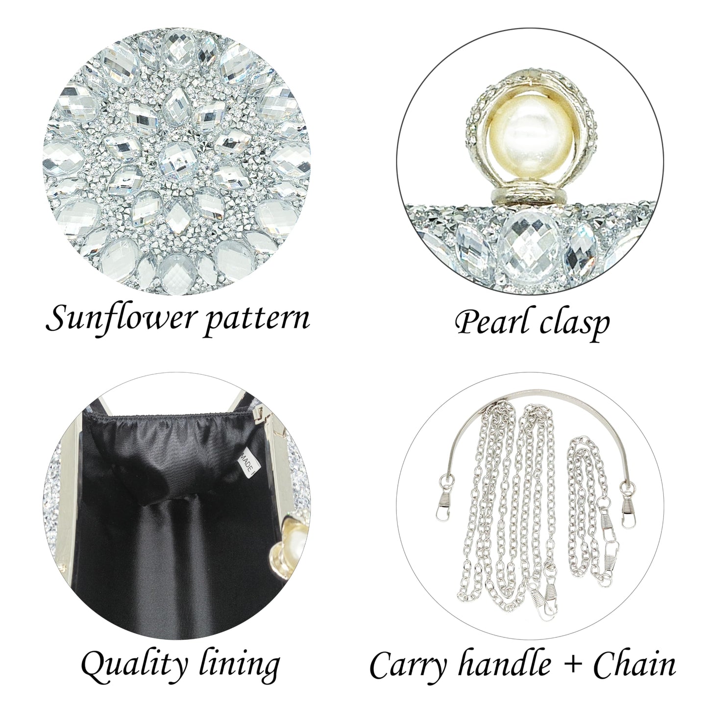 MAIRLOM Rhinestone Clutch Purses for Women Evening Wedding Formal - Pearl Clasp Handbag Crystal Gemstone Bag for Party Prom(Solid Silver)