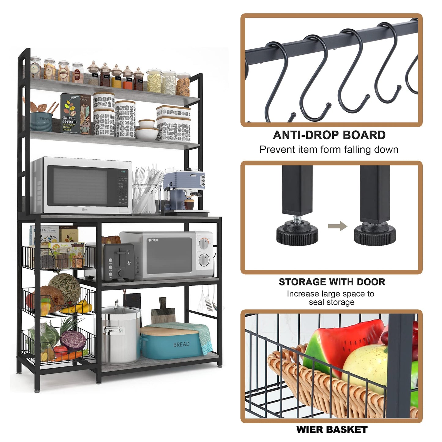 Chnnmbrn Kitchen Bakers Rack with Baskets,Free Standing Shelf,5-Tier Kitchen Utility Storage Shelf with Hooks, Microwave Oven Stand Rack Grey