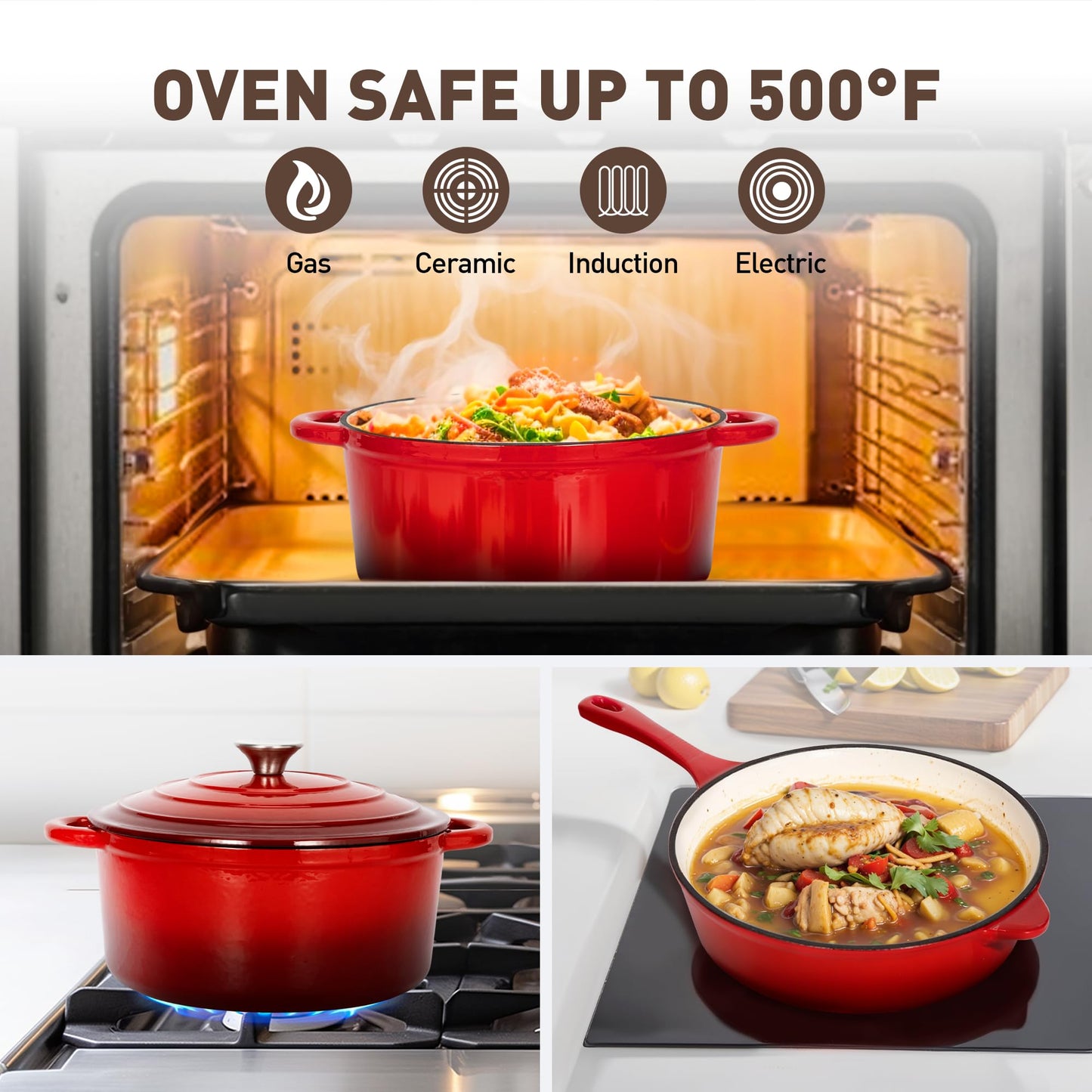 MAISON ARTS Enamel Cast Iron 7 Piece Cookware Set, Heavy Duty Dutch Ovens Pot with Lid, Red Non Stick Pots and Pans Sets, Oven Safe up to 500°F