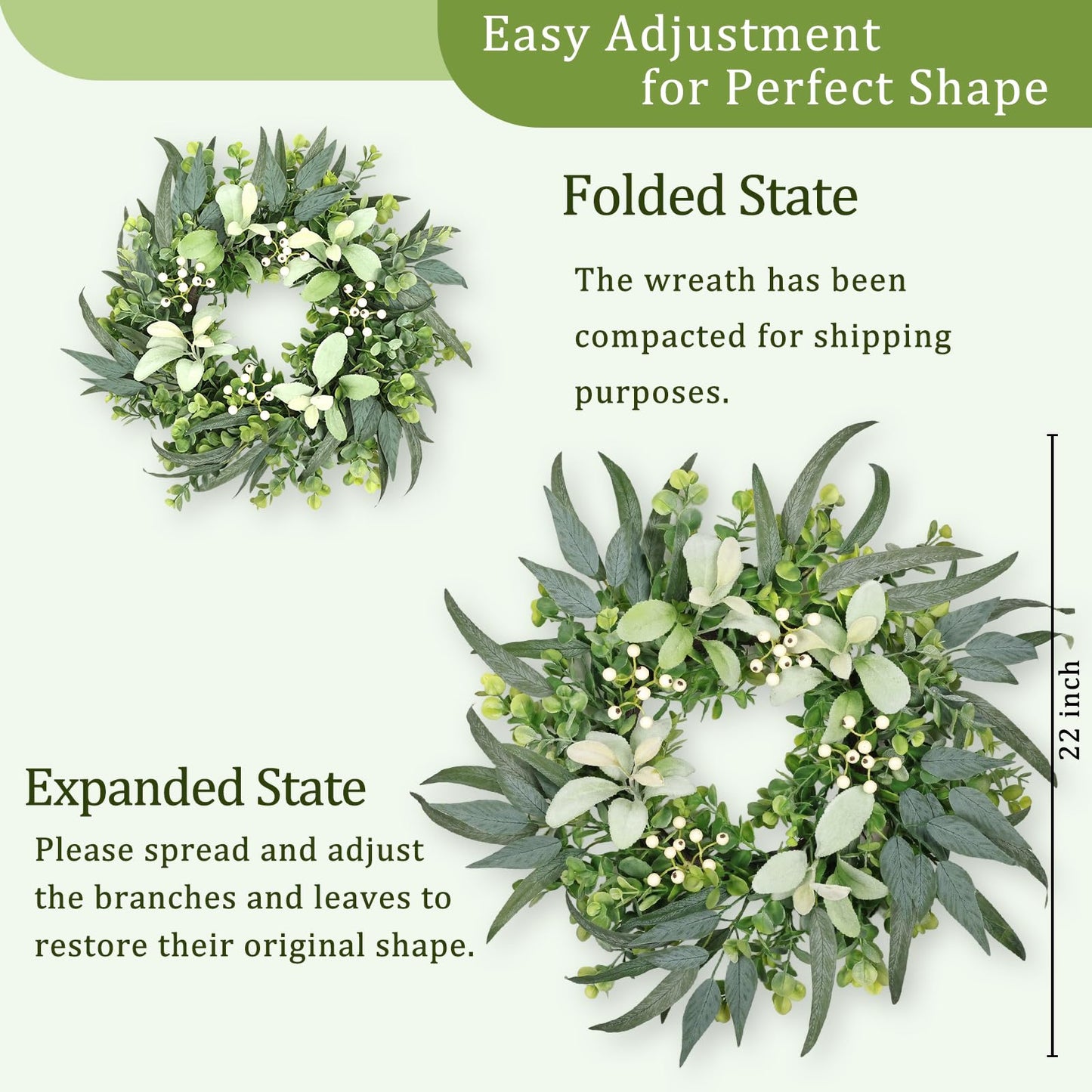 22" Eucalyptus Welcome Sign for Front Door Wreath Artgar Large Outdoor Wreaths for Windows Fireplace Home Wall Farmhouse Porch Decor,White Berries,Spring Summer All Seasons Green