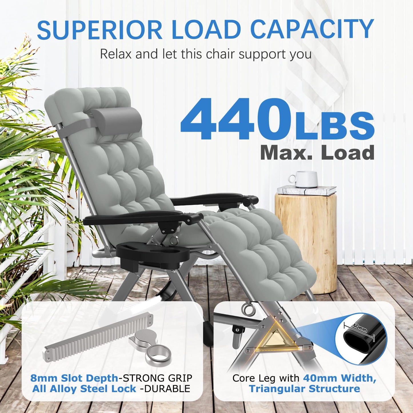 Slendor Zero Gravity Chair Lounge Chair Recliner w/Upgraded Lock and Removable Cushion, Reclining Camping Chair w/Cup Holder Tray & Headrest, Folding Reclining Patio Chairs for Indoor Outdoor, Gray