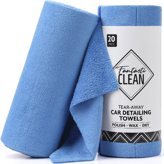 Fantasticlean Microfiber Towels for Cars, Tear Away Car Detailing Cloth Roll, RV Boat Drying Polishing, Edgeless Plush, Coral Fleece, Ultra Absorbent, Scratch-Free, 14" x 14", 20 Pack (Blue)