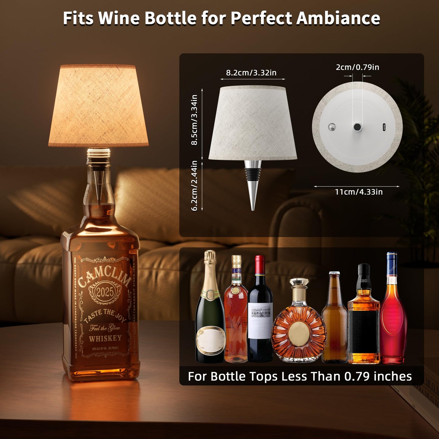 Wireless Wine Bottle Lamp Shade: Liquor Bottle Stopper Light With Remote Control Dimmable Cordless Portable Rechargeable Led Battery Operated Whiskey Bottle Lampshade For Bedside Bar Bedroom Decor