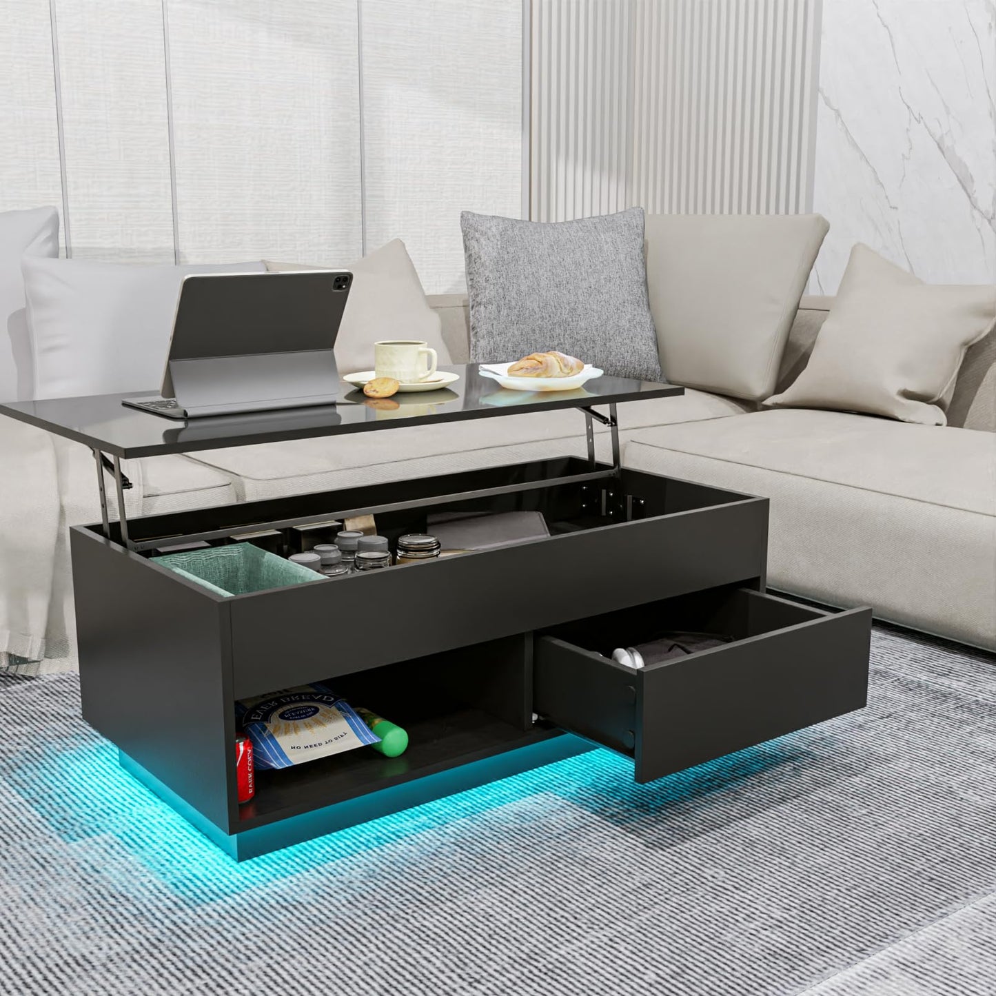 LED Coffee Table Black Lift Top Coffee Table with Storage Modern Tea Table with Drawer Lift Up Dining Center Table with LED Light for Living Room Home Office