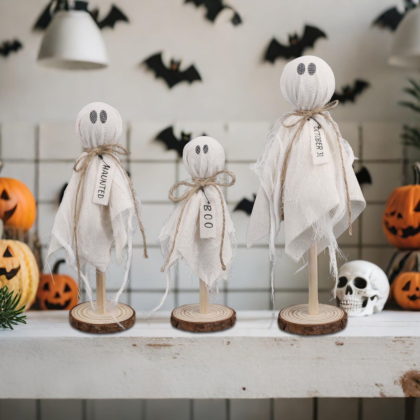 DR.DUDU 3 Pack Halloween Ghost Decor - Primitive Wooden Ghost Kit for Table Centerpiece Indoor Decorations, Spooky Cute Ghosts for Farmhouse Shelf Mantel Kitchen Home & Office Decor