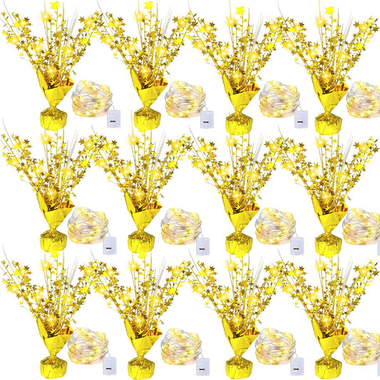 12 Pack Metallic Foil Spray Centerpiece with LED String Lights Star Table Decoration Burst Table Centerpieces for Birthday Graduation Wedding Anniversary Holiday Party Supplies Decor, Gold