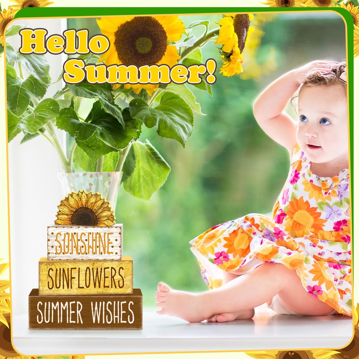 TOMPOP 4 Pcs Summer Tiered Tray Decorations Set Sunflower Stack Block Signs Sunshine Farmhouse Rustic Table Tiered Tray Décor for Table & Home Office (Half-Sunflower Style)