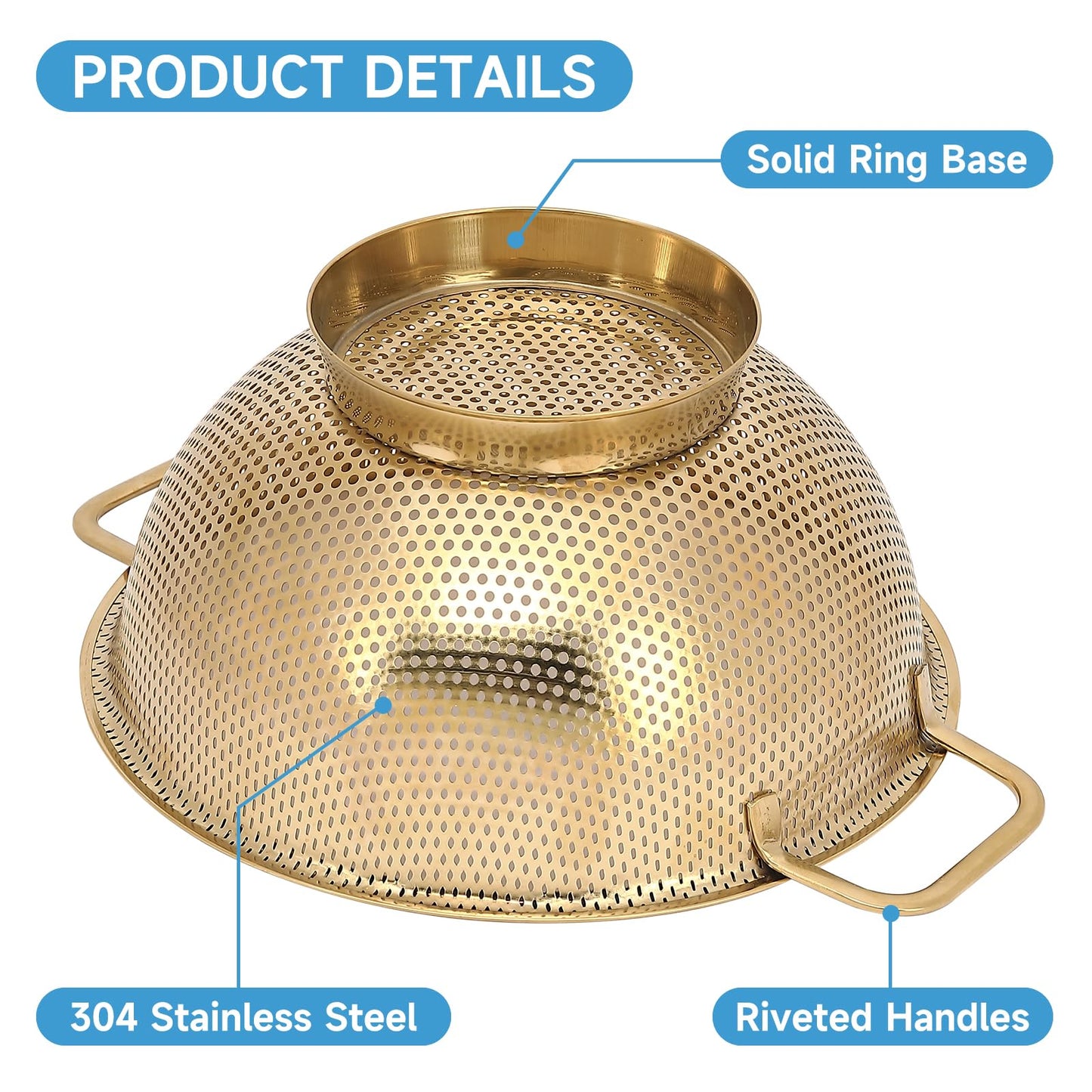 Gold Strainer for Kitchen, 3QT, Stainless Steel Colander with Handle for Fruits Vegetables Cooking Food, Dishwasher Safe