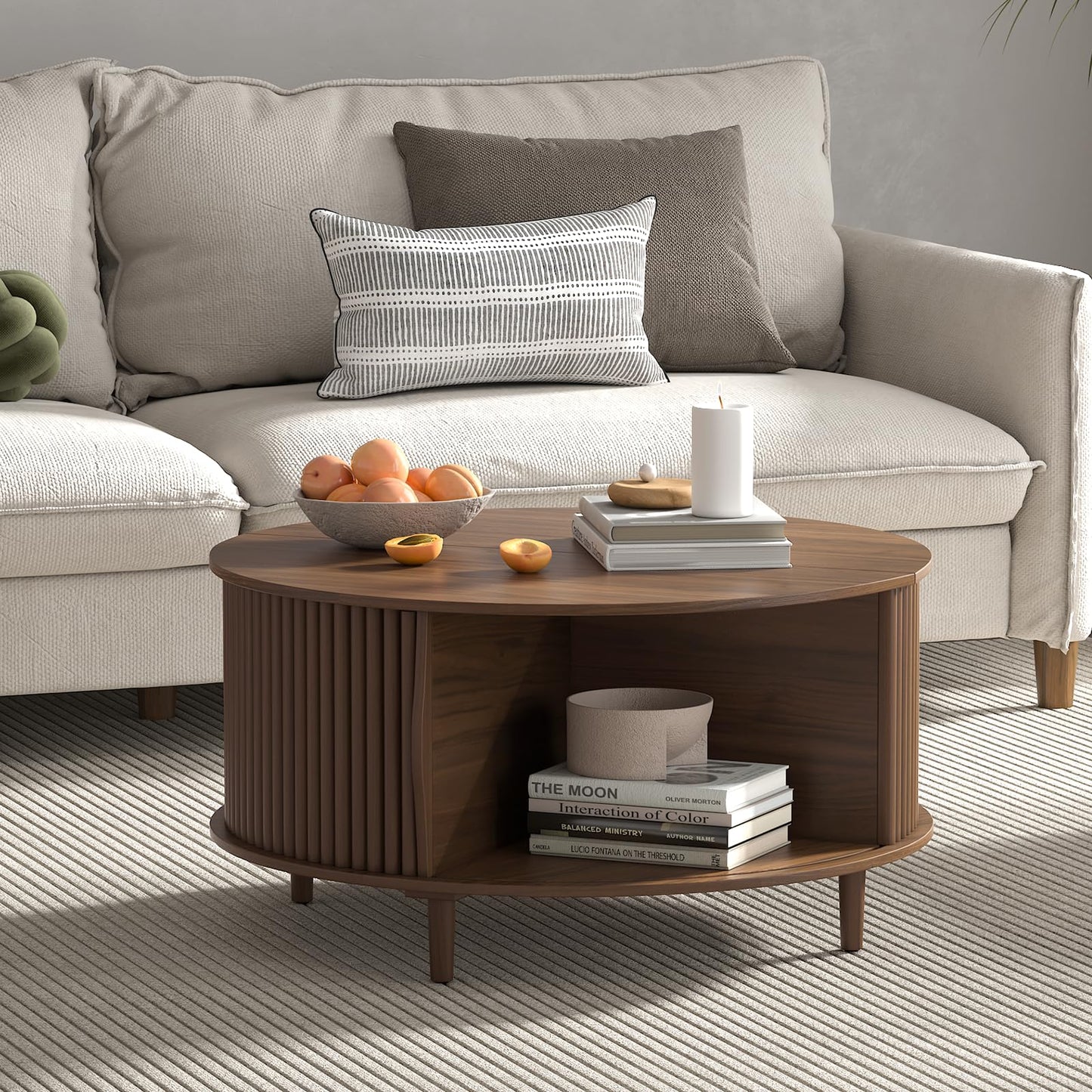 JOINICE,Round Coffee Table with Storage,Fluted Center Table with Sliding Cabinet Door for Living Room,Home Small Space,31.5" Small Center Table,Walnut